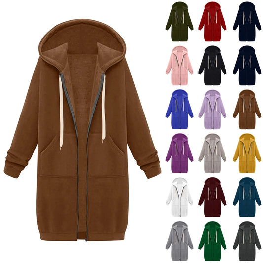Felpa con cappuccio lunga con cerniera casual da donna, felpa invernale antivento con coulisse, giacca con cappuccio e tasche comode