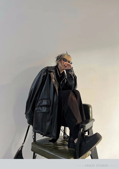 Streetwear Nero PU Faux Pelle Cappotti Donne Oversize Gotico Giacche Y2K Largo Tasca Fresco Signore Casual Morbido Outerwear