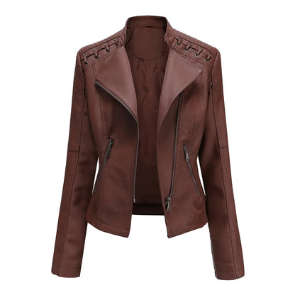 Giacca in similpelle alla moda per donna, primavera e autunno FSMG, capospalla corto casual slim fit con cerniera, cappotto da motociclista leggero