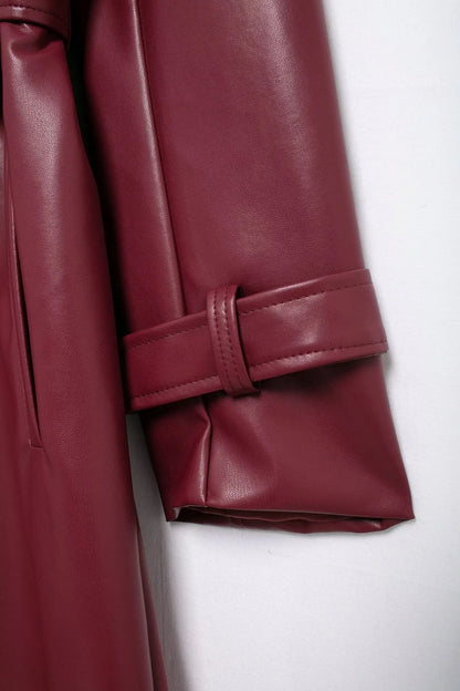 TRAFZA Donna Borgogna Similpelle Maxi Lungo Trench Elegante Risvolto Manica Lunga Giacche con Cintura Moda Femminile Capispalla