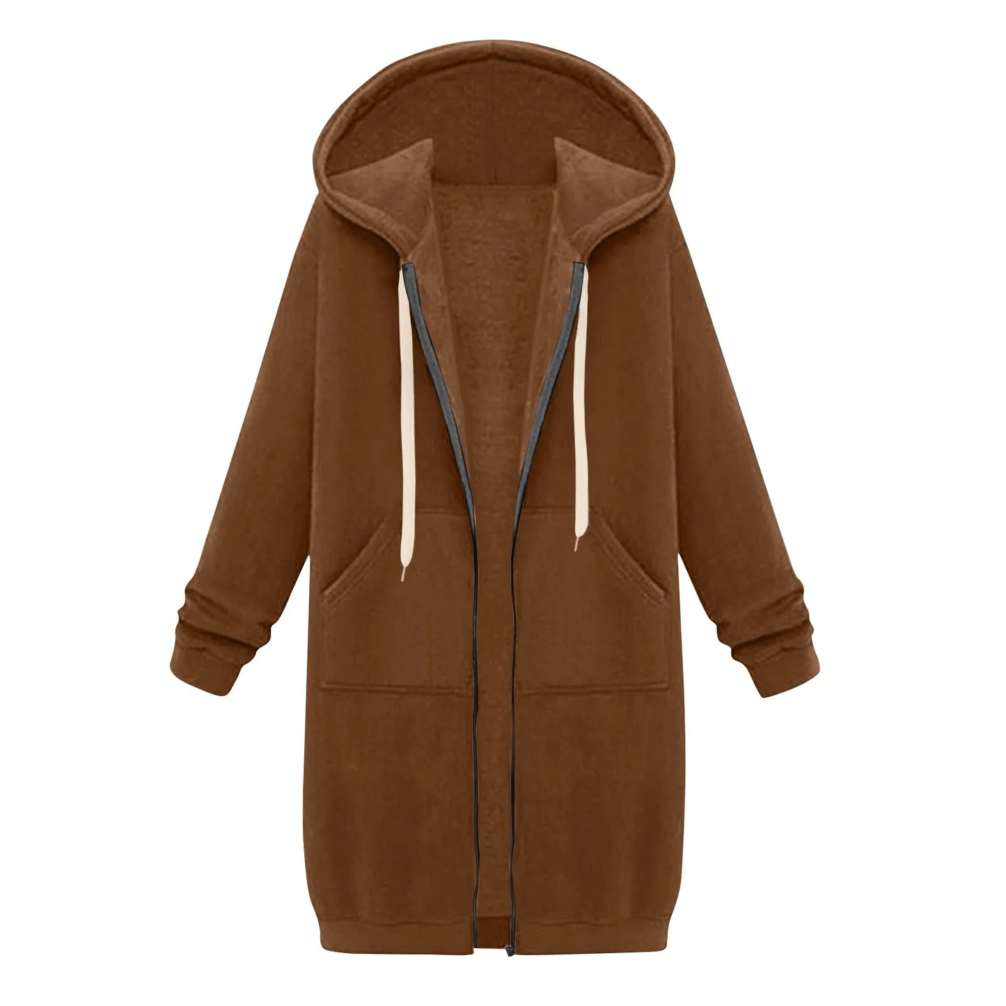 Felpa con cappuccio lunga con cerniera casual da donna, felpa invernale antivento con coulisse, giacca con cappuccio e tasche comode
