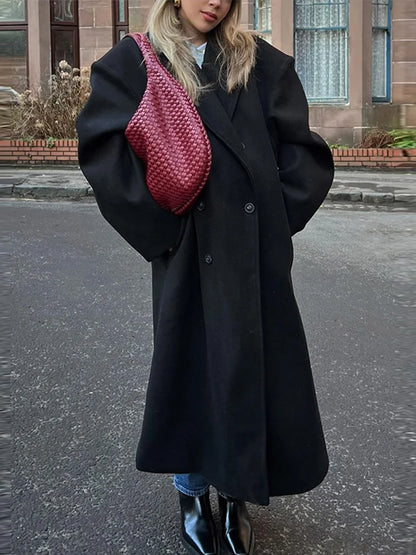Elegant Solid Women Woolen Long Coats Loose Lapel Double-breasted Full Sleeve Shoulder Pads Overcoat 2024 Autumn New Outerwears