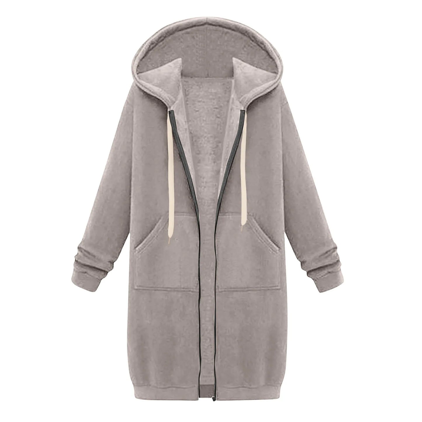Felpa con cappuccio lunga con cerniera casual da donna, felpa invernale antivento con coulisse, giacca con cappuccio e tasche comode
