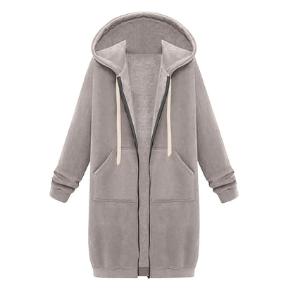Felpa con cappuccio lunga con cerniera casual da donna, felpa invernale antivento con coulisse, giacca con cappuccio e tasche comode