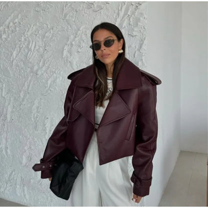 Eleganti cappotti in pelle bordeaux con un bottone per donna, alla moda, tasche a ribalta, giacche larghe e solide, 2024, capispalla da strada Lady Chic