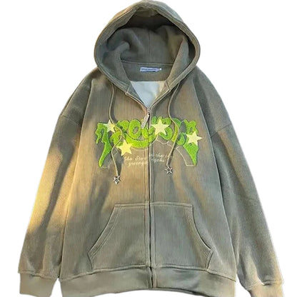 Felpe con cappuccio retrò da donna con ricamo, autunno inverno, cerniera, manica lunga, giacca ampia, cappotti Y2K, casual, tascabili, felpe con cappuccio
