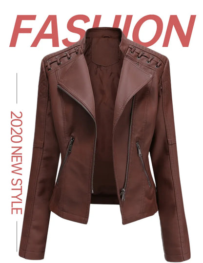 Giacca in similpelle alla moda per donna, primavera e autunno FSMG, capospalla corto casual slim fit con cerniera, cappotto da motociclista leggero
