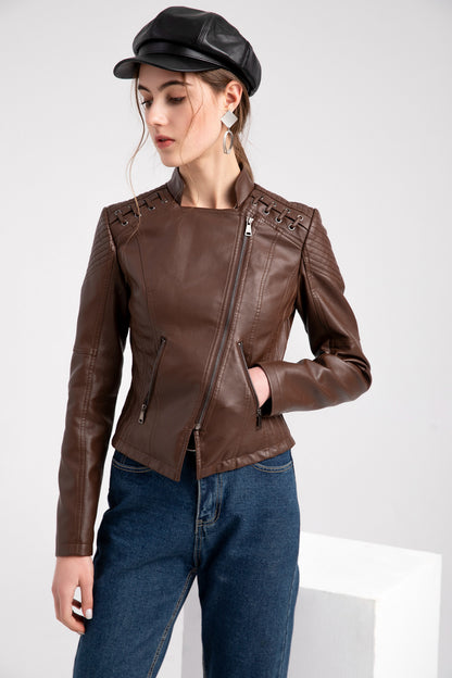 Giacca in similpelle alla moda per donna, primavera e autunno FSMG, capospalla corto casual slim fit con cerniera, cappotto da motociclista leggero