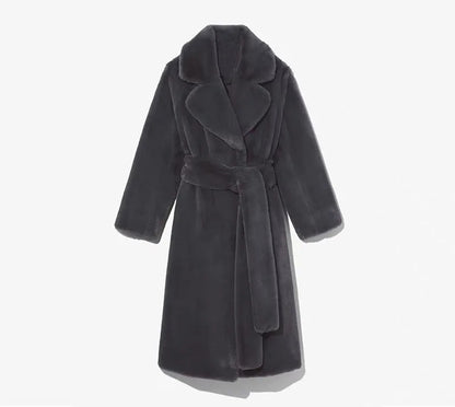 Giacca lunga in pelliccia sintetica da donna, con cintura spessa, autunno inverno, cappotto lungo caldo di lusso, cintura in pelliccia nera, parka Bontjas, capispalla pelosi