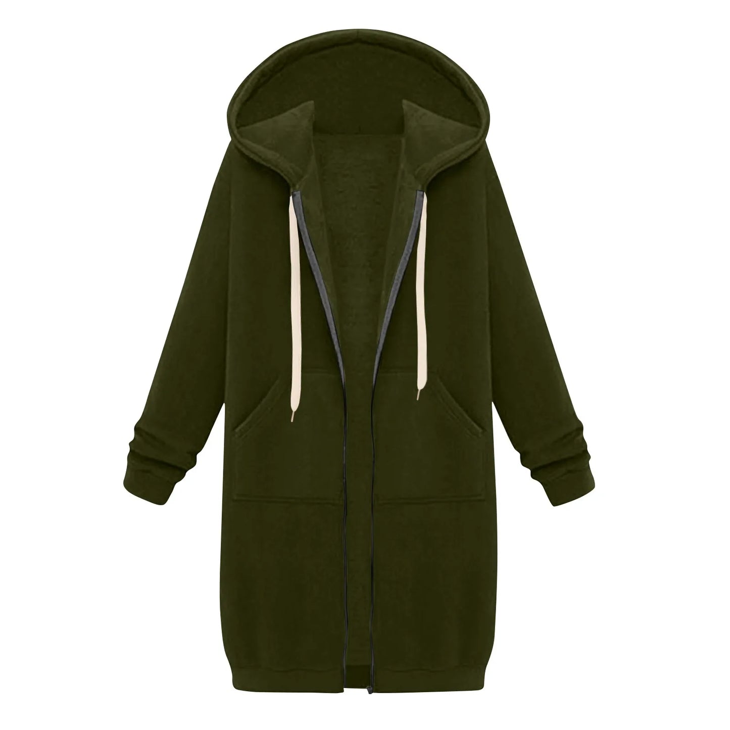 Felpa con cappuccio lunga con cerniera casual da donna, felpa invernale antivento con coulisse, giacca con cappuccio e tasche comode