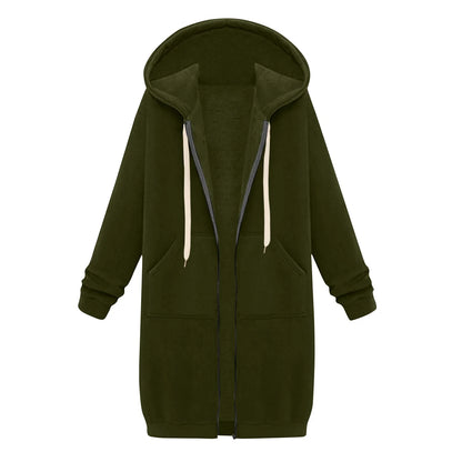 Felpa con cappuccio lunga con cerniera casual da donna, felpa invernale antivento con coulisse, giacca con cappuccio e tasche comode