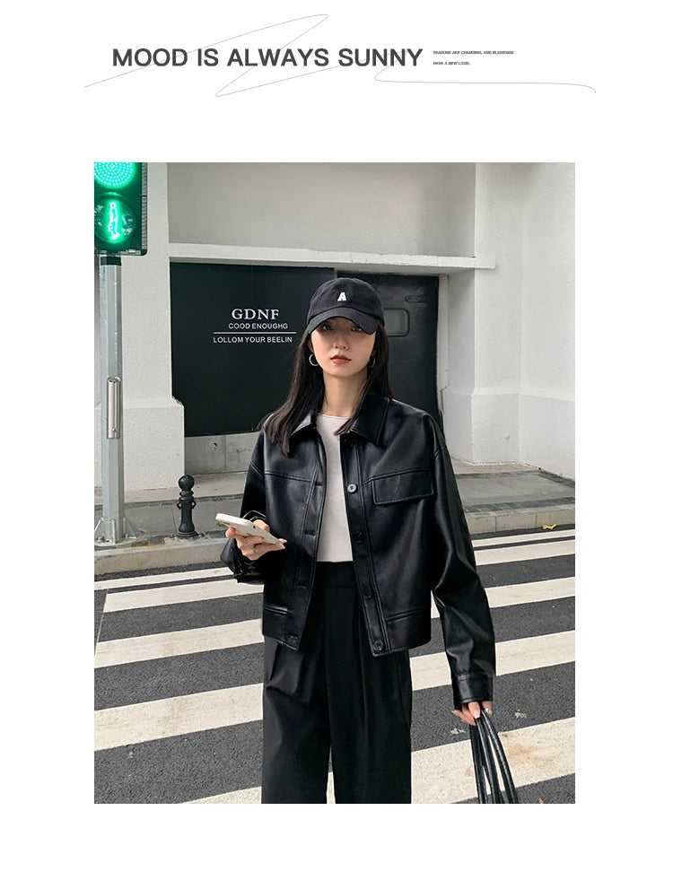 Giacca in pelle nera invernale corta da donna 2022 autunno coreano giacca da motociclista da strada alta da donna capispalla vintage sottile PU chic top
