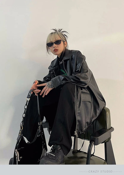 Streetwear Nero PU Faux Pelle Cappotti Donne Oversize Gotico Giacche Y2K Largo Tasca Fresco Signore Casual Morbido Outerwear