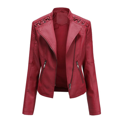 Giacca in similpelle alla moda per donna, primavera e autunno FSMG, capospalla corto casual slim fit con cerniera, cappotto da motociclista leggero