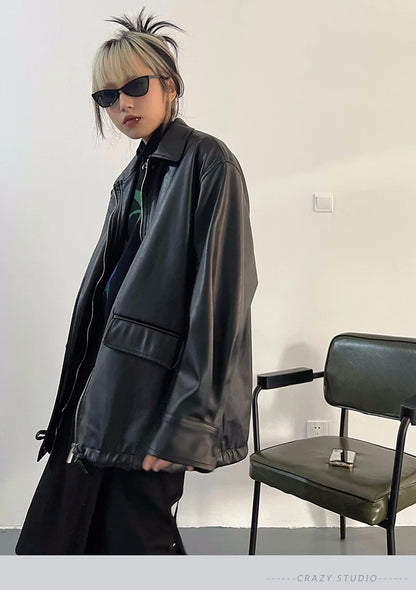 Streetwear Nero PU Faux Pelle Cappotti Donne Oversize Gotico Giacche Y2K Largo Tasca Fresco Signore Casual Morbido Outerwear