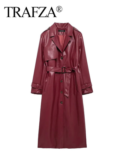 TRAFZA Donna Borgogna Similpelle Maxi Lungo Trench Elegante Risvolto Manica Lunga Giacche con Cintura Moda Femminile Capispalla