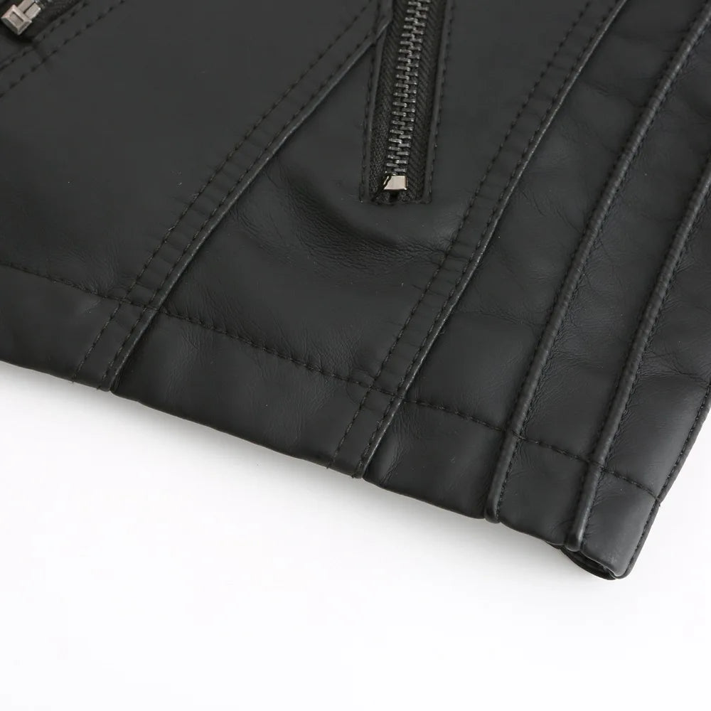 Giacca in similpelle alla moda per donna, primavera e autunno FSMG, capospalla corto casual slim fit con cerniera, cappotto da motociclista leggero