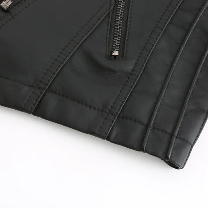 Giacca in similpelle alla moda per donna, primavera e autunno FSMG, capospalla corto casual slim fit con cerniera, cappotto da motociclista leggero