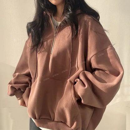 Felpa con cappuccio oversize con cerniera per donna, felpe monocromatiche, felpe casual, essenziale per donna, moda coreana, 2023