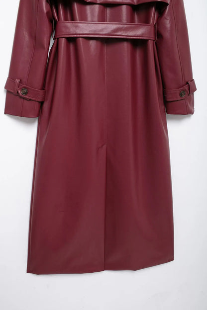 TRAFZA Donna Borgogna Similpelle Maxi Lungo Trench Elegante Risvolto Manica Lunga Giacche con Cintura Moda Femminile Capispalla