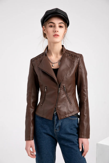 Giacca in similpelle alla moda per donna, primavera e autunno FSMG, capospalla corto casual slim fit con cerniera, cappotto da motociclista leggero