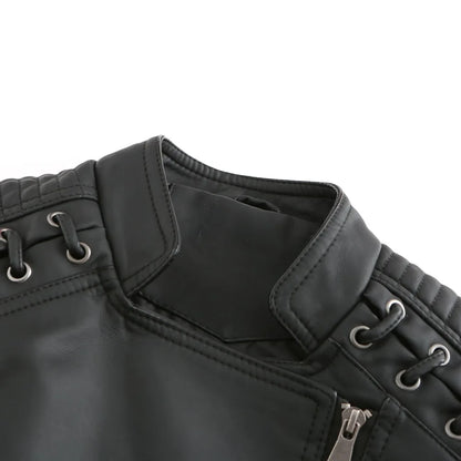 Giacca in similpelle alla moda per donna, primavera e autunno FSMG, capospalla corto casual slim fit con cerniera, cappotto da motociclista leggero