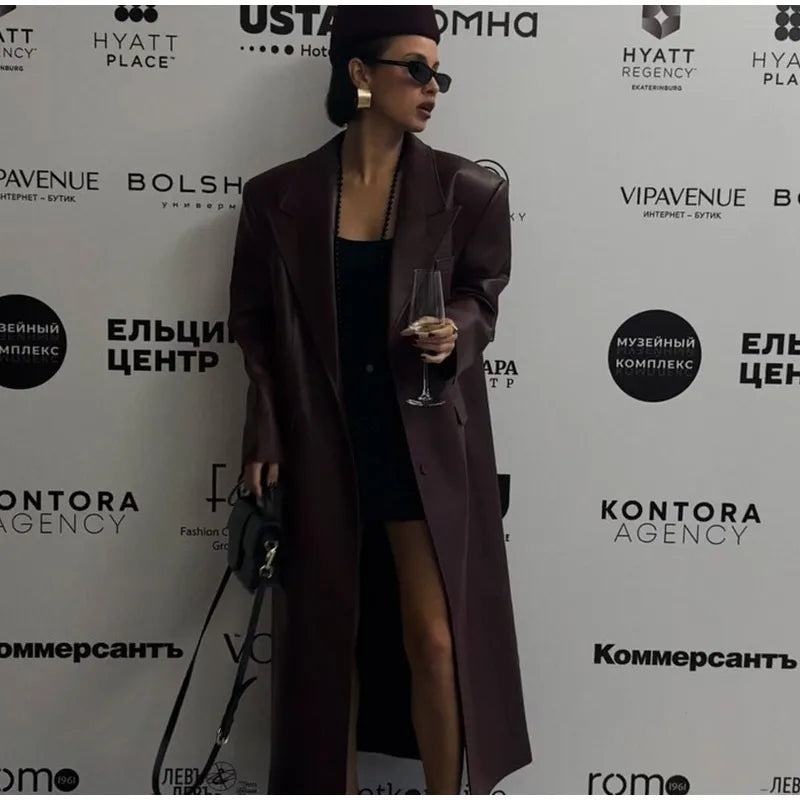 Eleganti cappotti in pelle bordeaux con un bottone per donna, alla moda, tasche a ribalta, giacche larghe e solide, 2024, capispalla da strada Lady Chic
