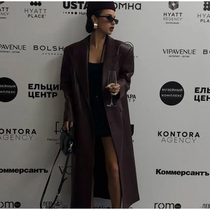 Eleganti cappotti in pelle bordeaux con un bottone per donna, alla moda, tasche a ribalta, giacche larghe e solide, 2024, capispalla da strada Lady Chic