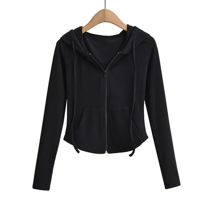 Felpe con cappuccio corte alla moda autunnale da donna, con cerniera intera, felpe alla moda coreana, con cappuccio, carine, a maniche lunghe, top corto sexy e attillato