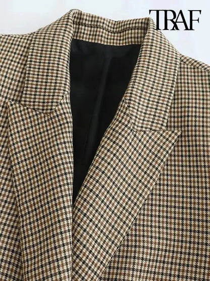 TRAF Donna Moda Doppiopetto Plaid Blazer Cappotto Vintage Manica Lunga Tasche con Patta Donna Capispalla Chic Vestes Femme