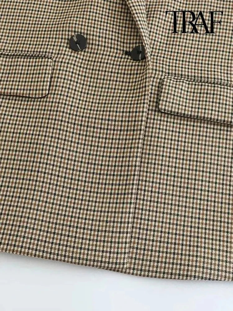 TRAF Donna Moda Doppiopetto Plaid Blazer Cappotto Vintage Manica Lunga Tasche con Patta Donna Capispalla Chic Vestes Femme