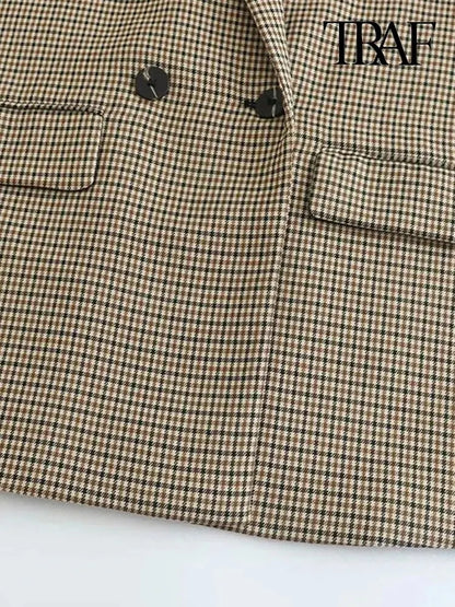 TRAF Donna Moda Doppiopetto Plaid Blazer Cappotto Vintage Manica Lunga Tasche con Patta Donna Capispalla Chic Vestes Femme