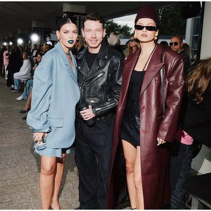 Eleganti cappotti in pelle bordeaux con un bottone per donna, alla moda, tasche a ribalta, giacche larghe e solide, 2024, capispalla da strada Lady Chic