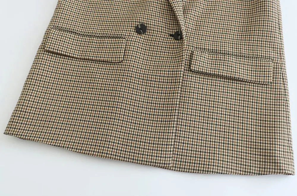 TRAF Donna Moda Doppiopetto Plaid Blazer Cappotto Vintage Manica Lunga Tasche con Patta Donna Capispalla Chic Vestes Femme