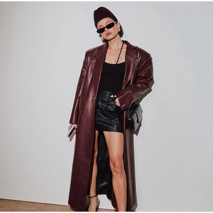 Eleganti cappotti in pelle bordeaux con un bottone per donna, alla moda, tasche a ribalta, giacche larghe e solide, 2024, capispalla da strada Lady Chic