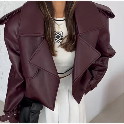 Eleganti cappotti in pelle bordeaux con un bottone per donna, alla moda, tasche a ribalta, giacche larghe e solide, 2024, capispalla da strada Lady Chic