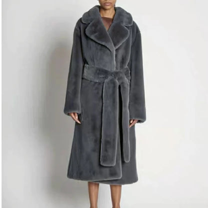 Giacca lunga in pelliccia sintetica da donna, con cintura spessa, autunno inverno, cappotto lungo caldo di lusso, cintura in pelliccia nera, parka Bontjas, capispalla pelosi
