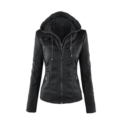 Giacca in similpelle da donna 2024 Giacca basica Cappotto Donna Giacca invernale da motociclista in pelle PU con cerniera Felpe con cappuccio Capispalla chaqueta