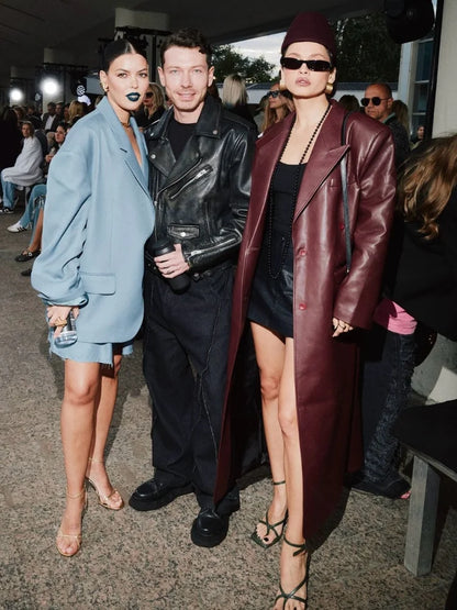 Eleganti cappotti in pelle bordeaux con un bottone per donna, alla moda, tasche a ribalta, giacche larghe e solide, 2024, capispalla da strada Lady Chic