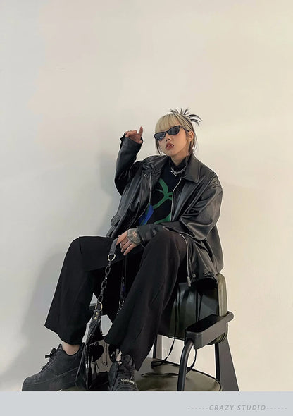 Streetwear Nero PU Faux Pelle Cappotti Donne Oversize Gotico Giacche Y2K Largo Tasca Fresco Signore Casual Morbido Outerwear