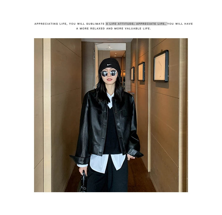 Giacca in pelle nera invernale corta da donna 2022 autunno coreano giacca da motociclista da strada alta da donna capispalla vintage sottile PU chic top