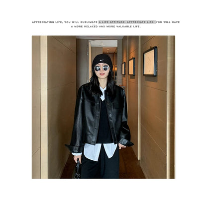 Giacca in pelle nera invernale corta da donna 2022 autunno coreano giacca da motociclista da strada alta da donna capispalla vintage sottile PU chic top