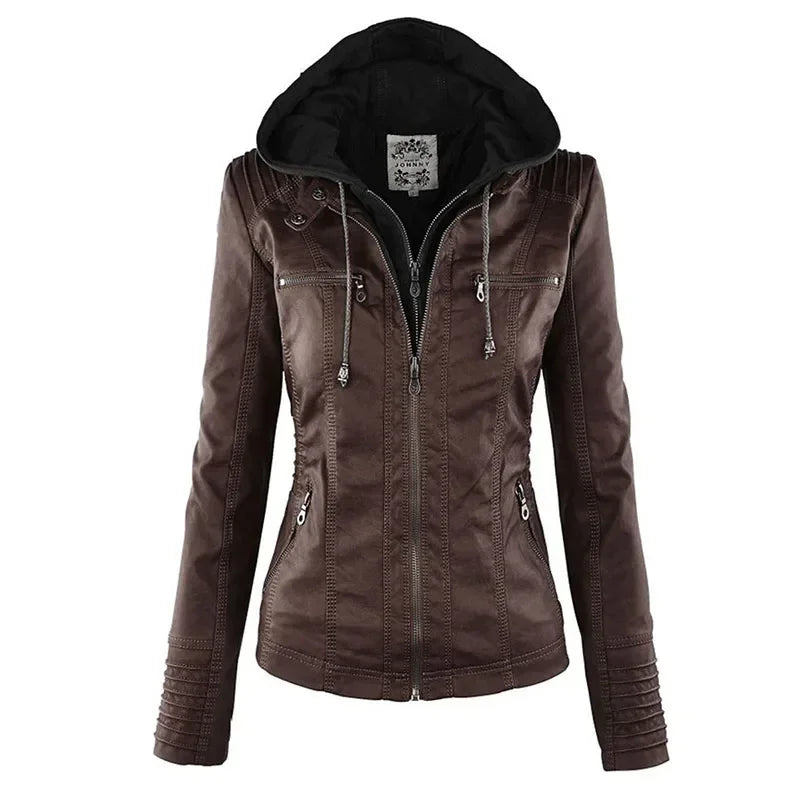 Giacca in similpelle da donna 2024 Giacca basica Cappotto Donna Giacca invernale da motociclista in pelle PU con cerniera Felpe con cappuccio Capispalla chaqueta