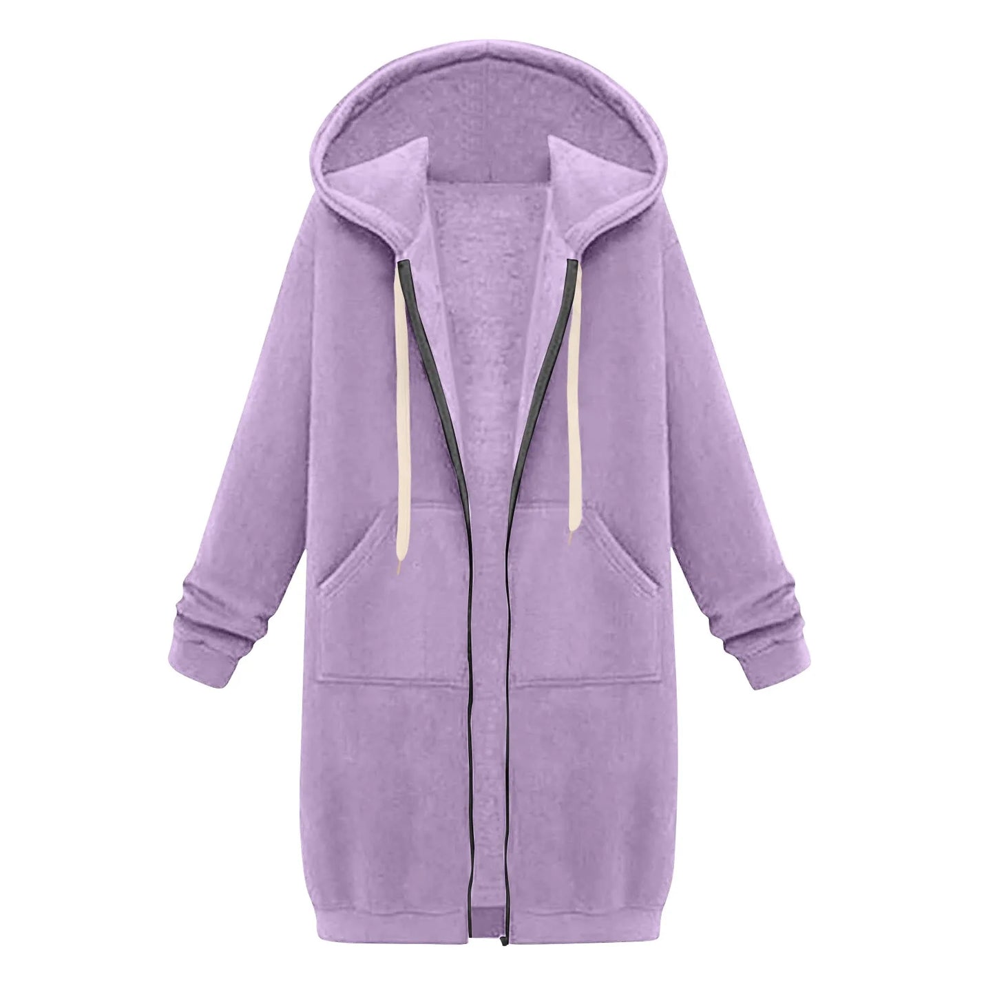 Felpa con cappuccio lunga con cerniera casual da donna, felpa invernale antivento con coulisse, giacca con cappuccio e tasche comode