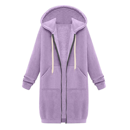 Felpa con cappuccio lunga con cerniera casual da donna, felpa invernale antivento con coulisse, giacca con cappuccio e tasche comode