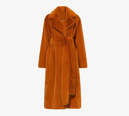 Giacca lunga in pelliccia sintetica da donna, con cintura spessa, autunno inverno, cappotto lungo caldo di lusso, cintura in pelliccia nera, parka Bontjas, capispalla pelosi