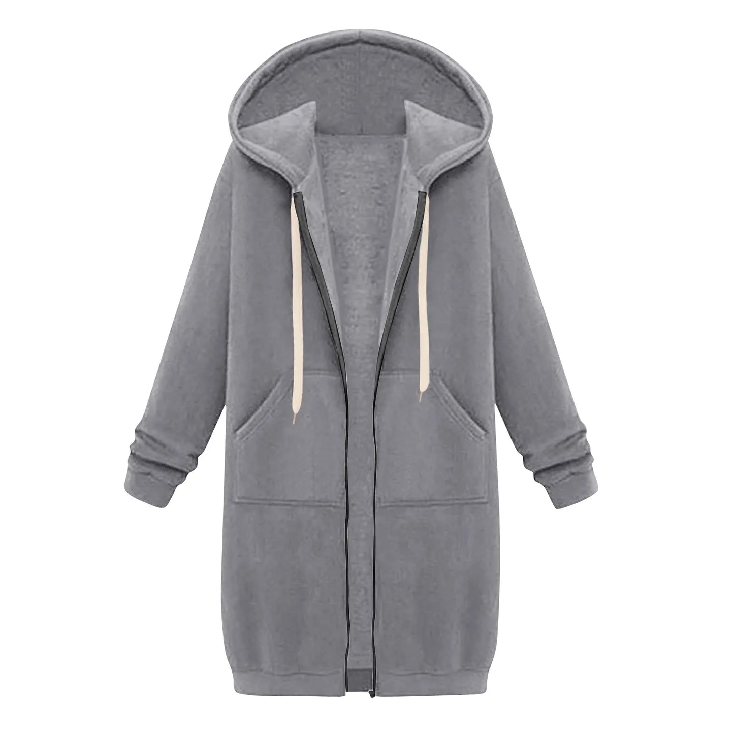 Felpa con cappuccio lunga con cerniera casual da donna, felpa invernale antivento con coulisse, giacca con cappuccio e tasche comode