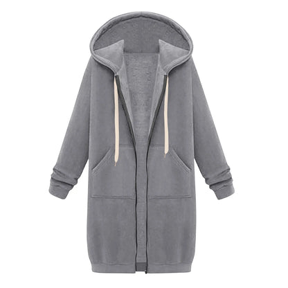 Felpa con cappuccio lunga con cerniera casual da donna, felpa invernale antivento con coulisse, giacca con cappuccio e tasche comode