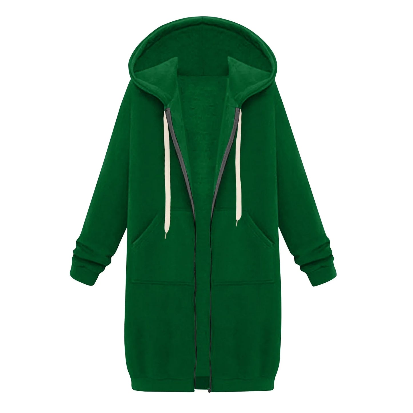 Felpa con cappuccio lunga con cerniera casual da donna, felpa invernale antivento con coulisse, giacca con cappuccio e tasche comode