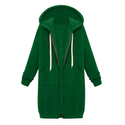 Felpa con cappuccio lunga con cerniera casual da donna, felpa invernale antivento con coulisse, giacca con cappuccio e tasche comode